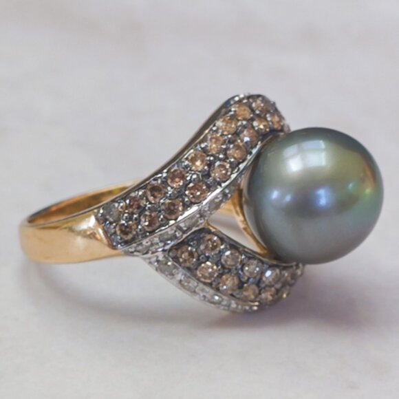 14k Yellow Gold Tahitian Pearl & Champagne Diamond Pavé Bypass Ring — 10mm, sz 6 - Picture 5 of 9
